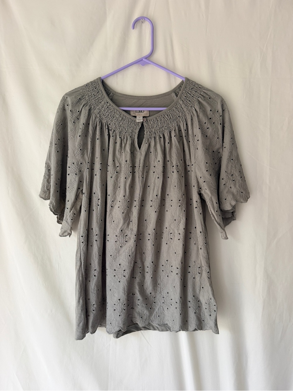 LOGO by Lori Goldstein Gray Eyelet Smocked Neck Top